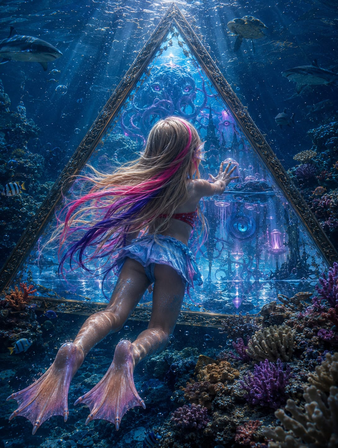 Abril Evans, con membranas entre los dedos, ante el portal triangular submarino