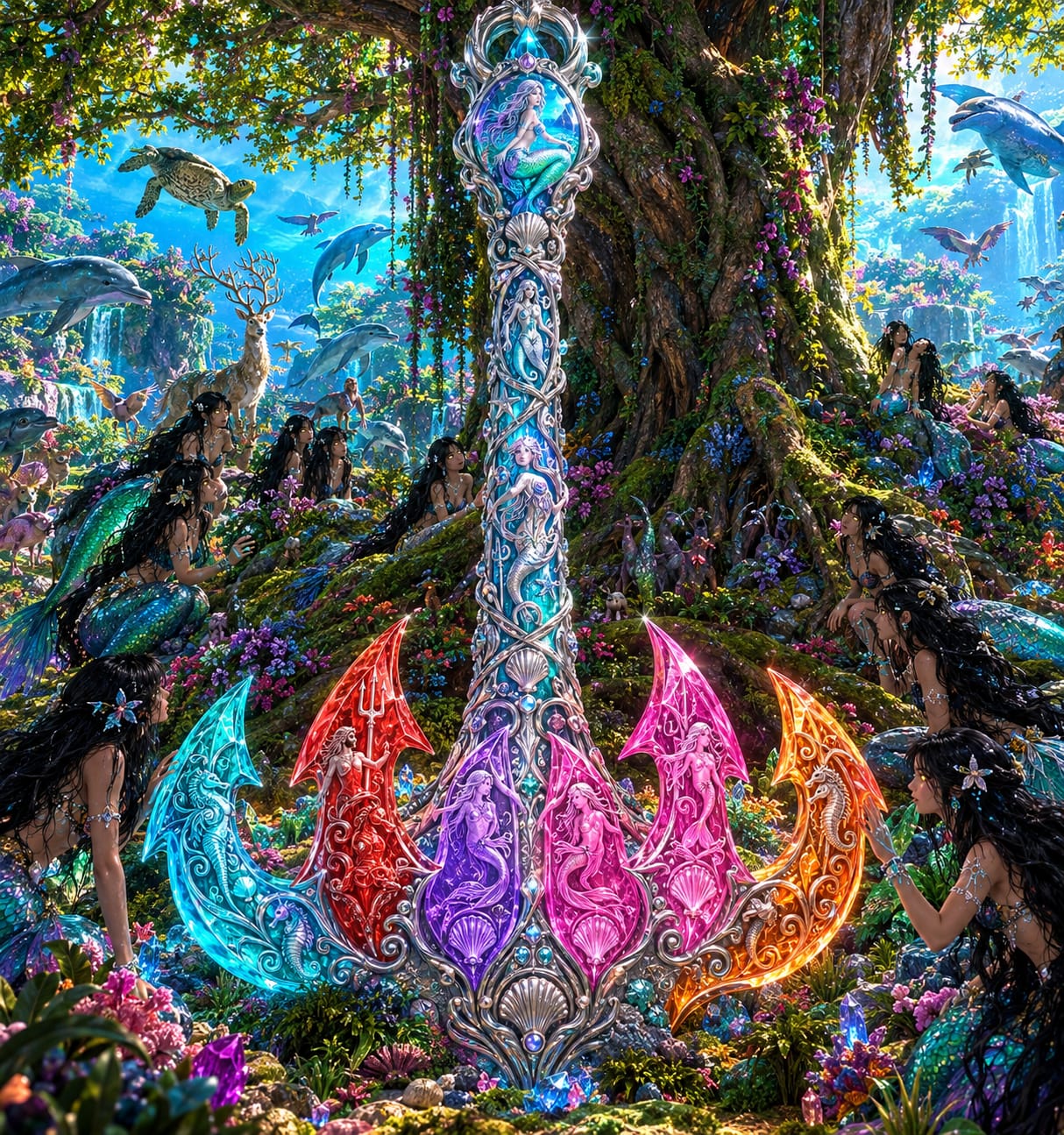 El ancla de los colores al pie del árbol del submundo, con una sirena distinta en cada pala