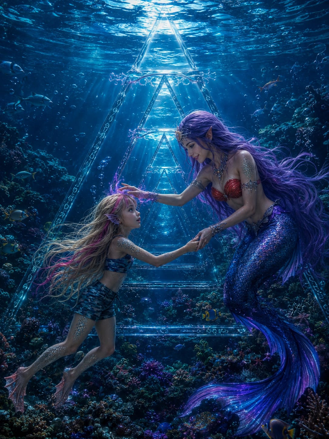 Una sirena de cabello violeta impone la mano sobre la cabeza de Abril ante el portal