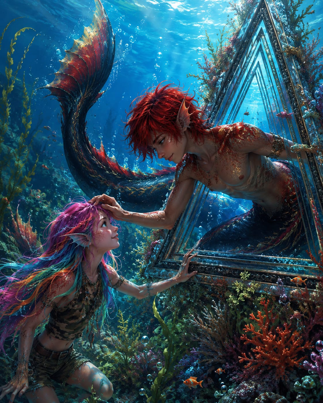 Un tritón de cabello rojo toca la cabeza de Abril junto al espejo triangular