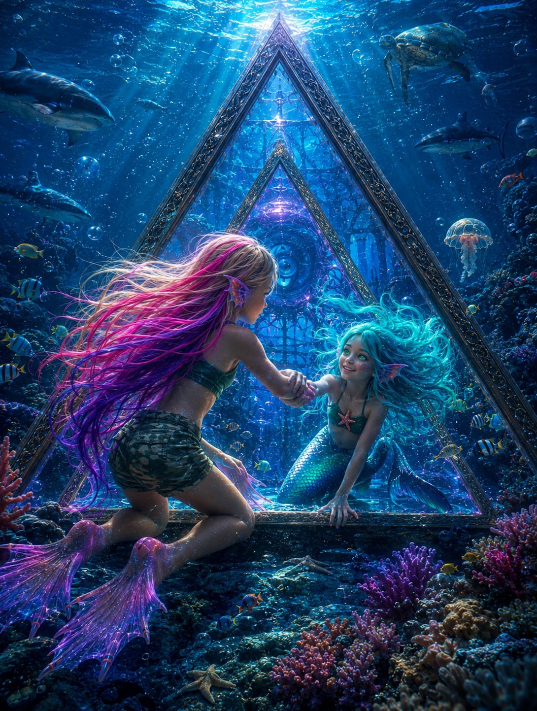 Abril toma la mano de una sirena a través del marco triangular