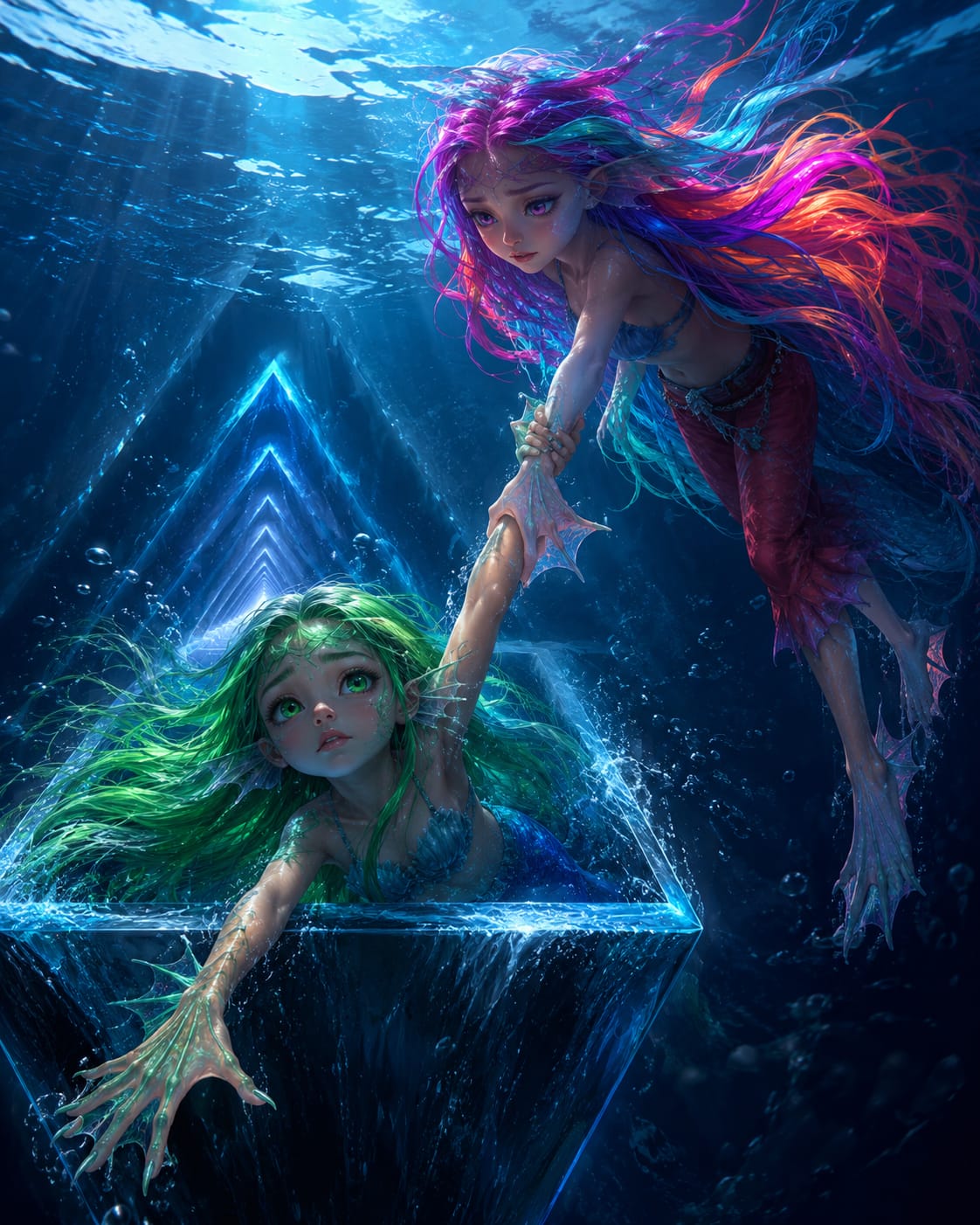Abril tira de una sirena de cabello verde atrapada en el triángulo